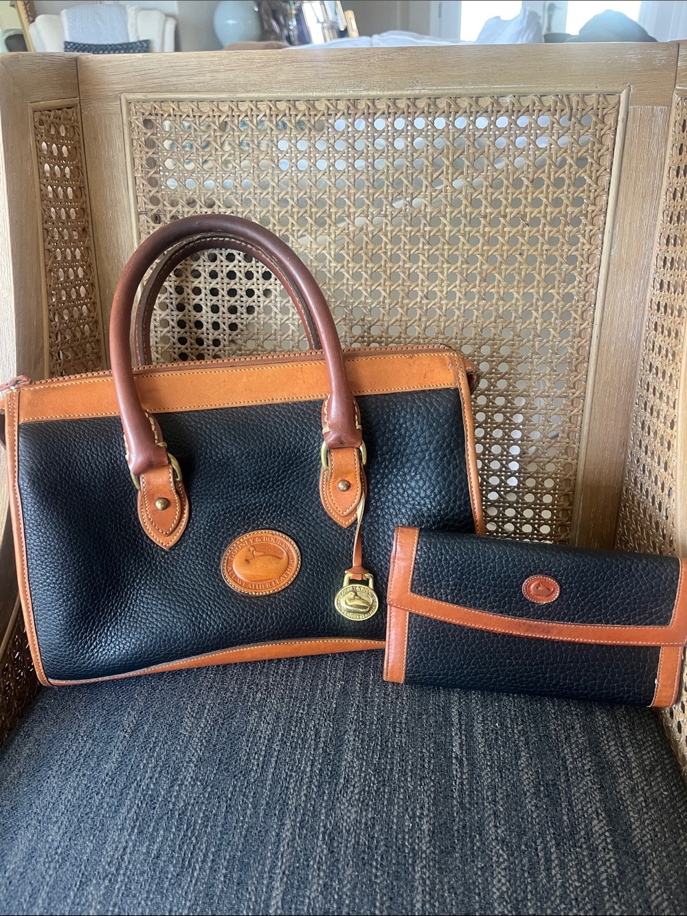 EUC vintage Dooney & Bourke All-Weather black & tan leather bag & wallet